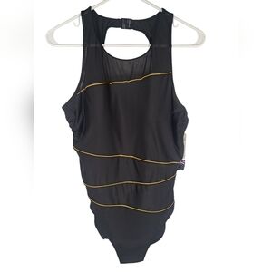 Simon Chang NWT Black With Gold One Piece Swimsuit 1X with C/D cup